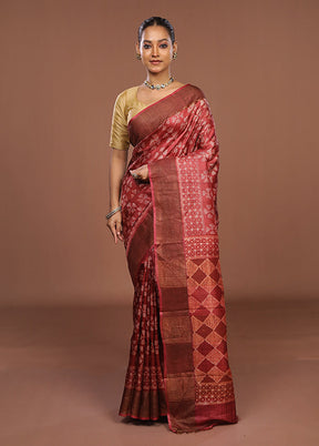 Pink Handloom Tussar Pure Silk Saree With Blouse Piece