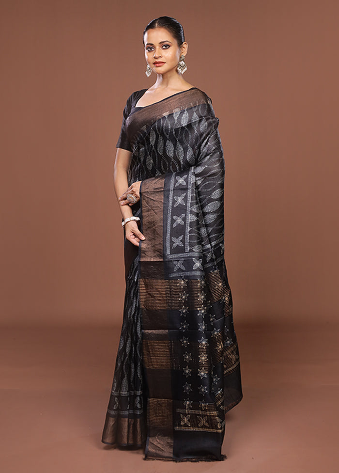 Blue Handloom Tussar Pure Silk Saree With Blouse Piece