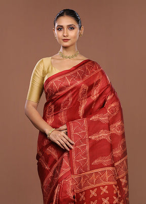 Red Tussar Silk Saree With Blouse Piece