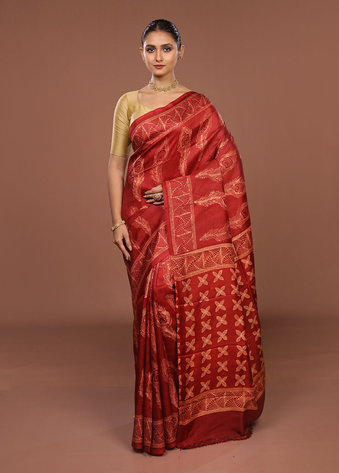 Red Tussar Silk Saree With Blouse Piece