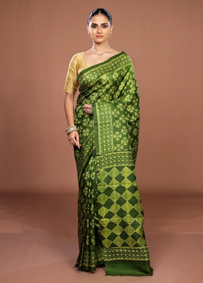 Green Tussar Silk Saree With Blouse Piece