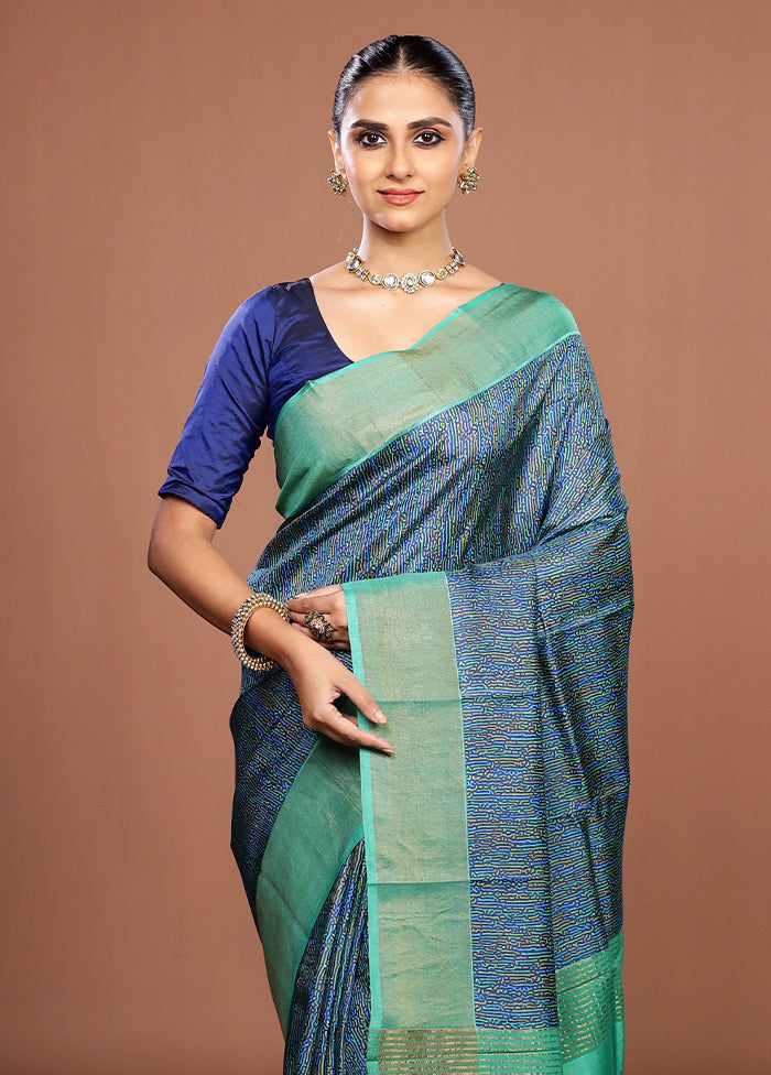 Blue Handloom Tussar Pure Silk Saree With Blouse Piece