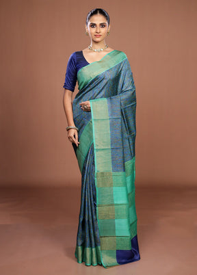 Blue Handloom Tussar Pure Silk Saree With Blouse Piece