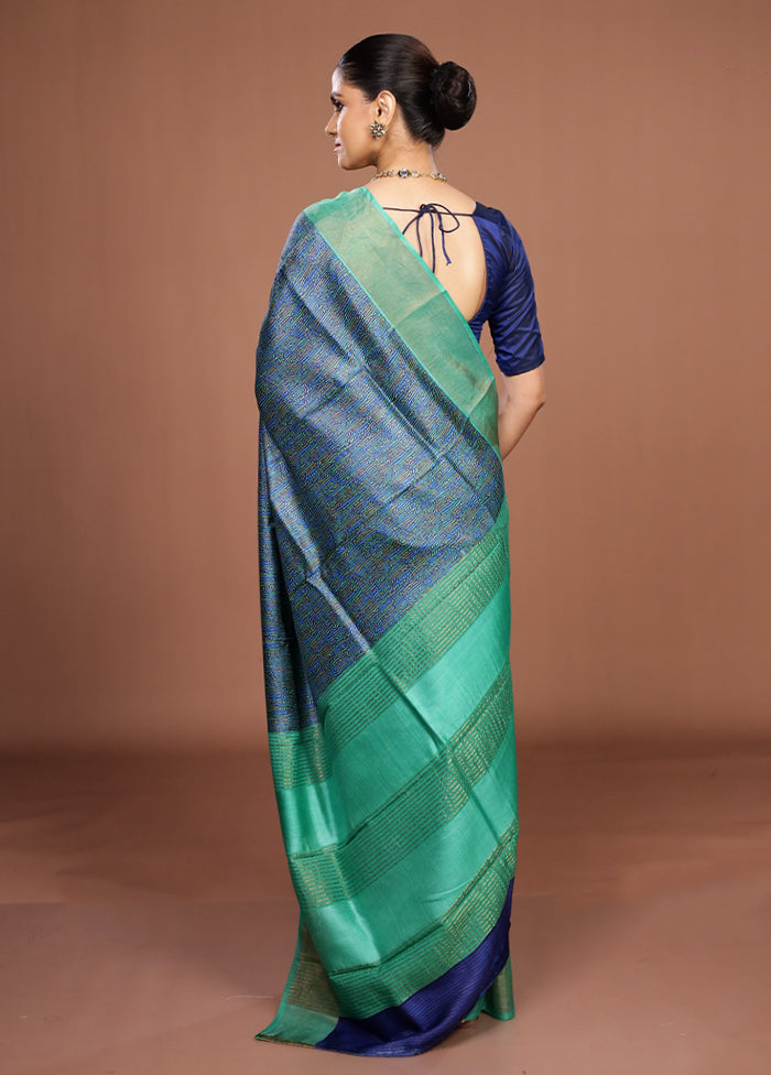 Blue Handloom Tussar Pure Silk Saree With Blouse Piece