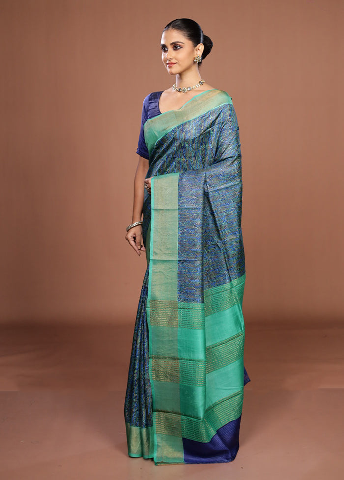 Blue Handloom Tussar Pure Silk Saree With Blouse Piece