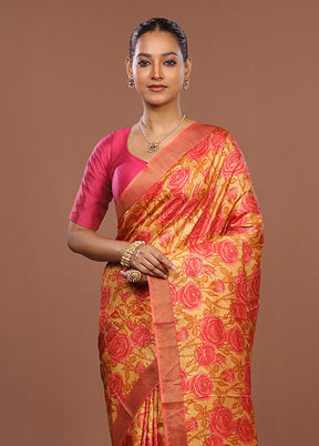 Pink Handloom Tussar Pure Silk Saree With Blouse Piece