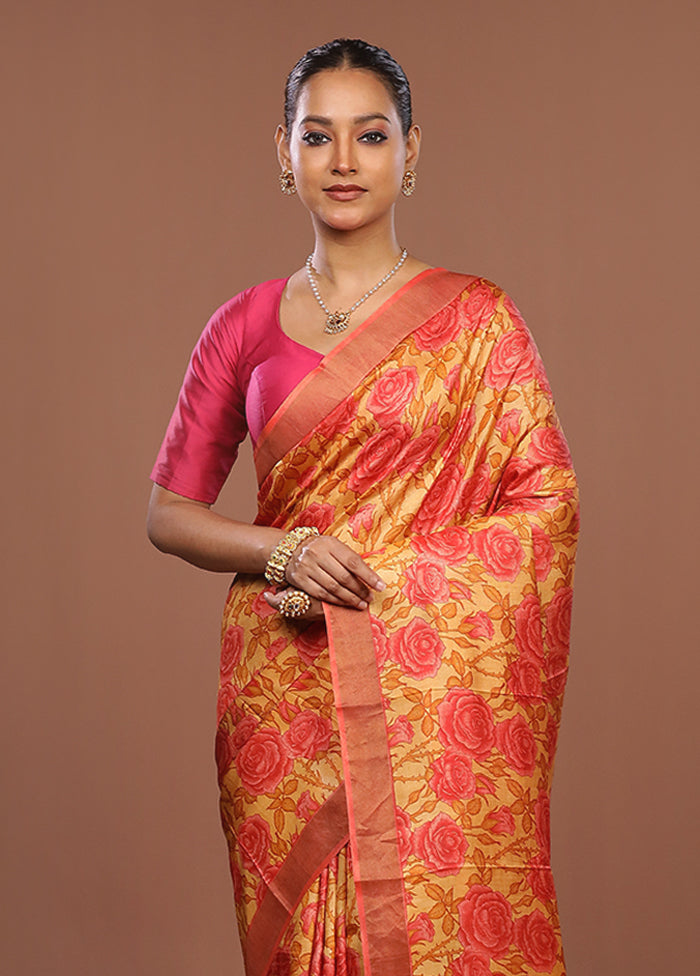 Pink Handloom Tussar Pure Silk Saree With Blouse Piece
