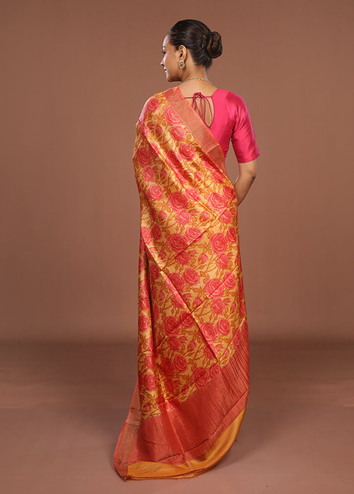 Pink Handloom Tussar Pure Silk Saree With Blouse Piece