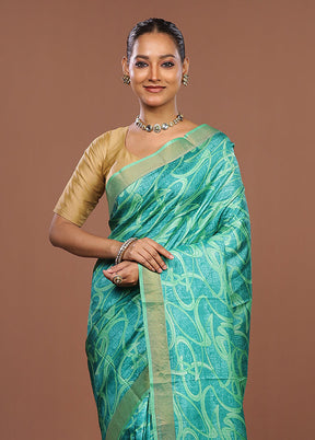 Green Handloom Tussar Pure Silk Saree With Blouse Piece