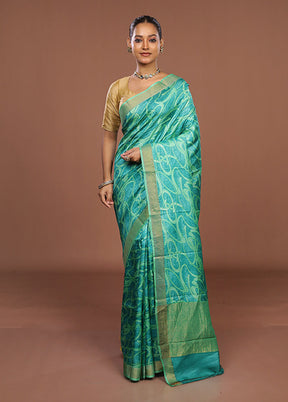 Green Handloom Tussar Pure Silk Saree With Blouse Piece