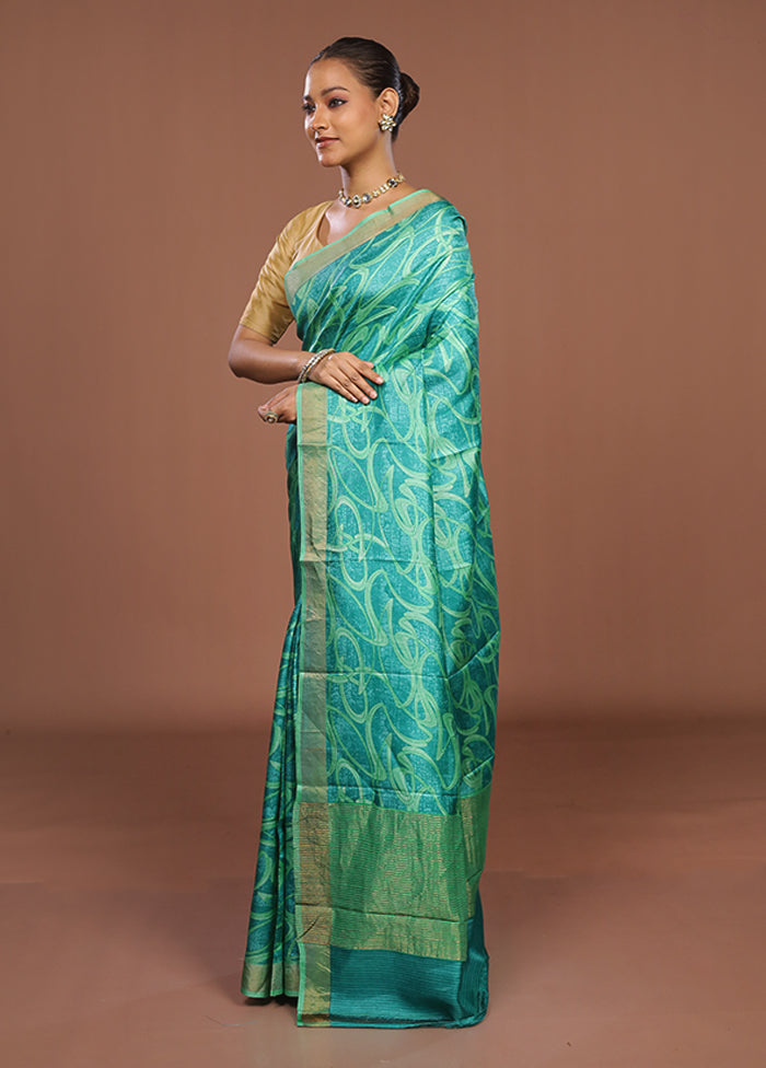 Green Handloom Tussar Pure Silk Saree With Blouse Piece