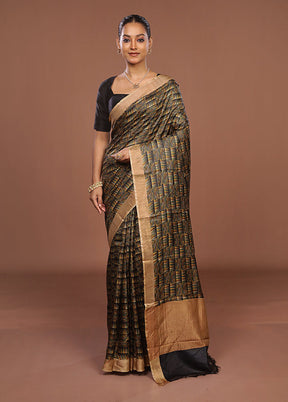 Green Handloom Tussar Pure Silk Saree With Blouse Piece