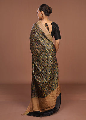 Green Handloom Tussar Pure Silk Saree With Blouse Piece