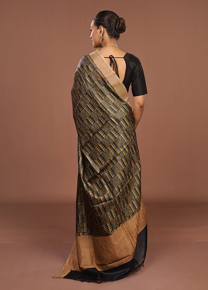 Green Handloom Tussar Pure Silk Saree With Blouse Piece