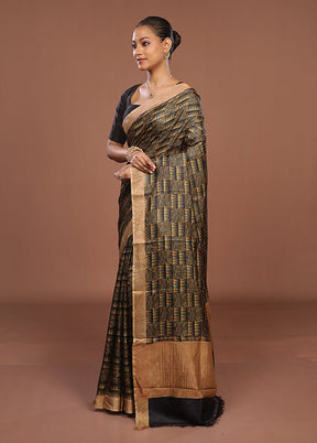 Green Handloom Tussar Pure Silk Saree With Blouse Piece