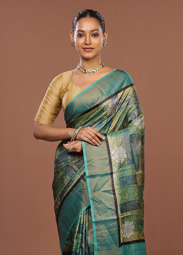 Green Handloom Tussar Pure Silk Saree With Blouse Piece