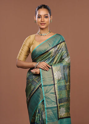Green Handloom Tussar Pure Silk Saree With Blouse Piece