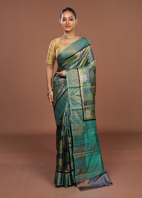 Green Handloom Tussar Pure Silk Saree With Blouse Piece