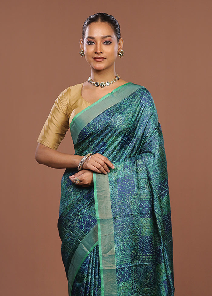 Blue Handloom Tussar Pure Silk Saree With Blouse Piece