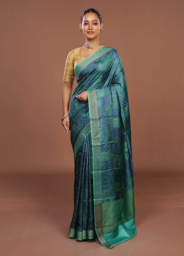 Blue Handloom Tussar Pure Silk Saree With Blouse Piece