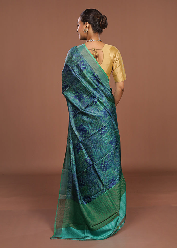 Blue Handloom Tussar Pure Silk Saree With Blouse Piece