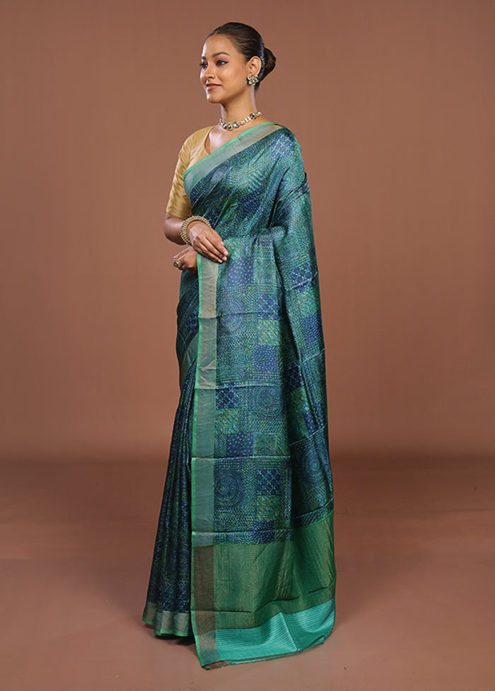 Blue Handloom Tussar Pure Silk Saree With Blouse Piece