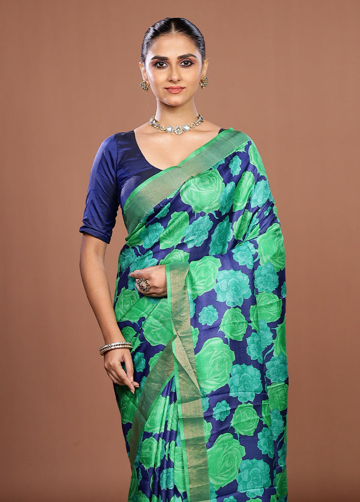 Green Handloom Tussar Pure Silk Saree With Blouse Piece