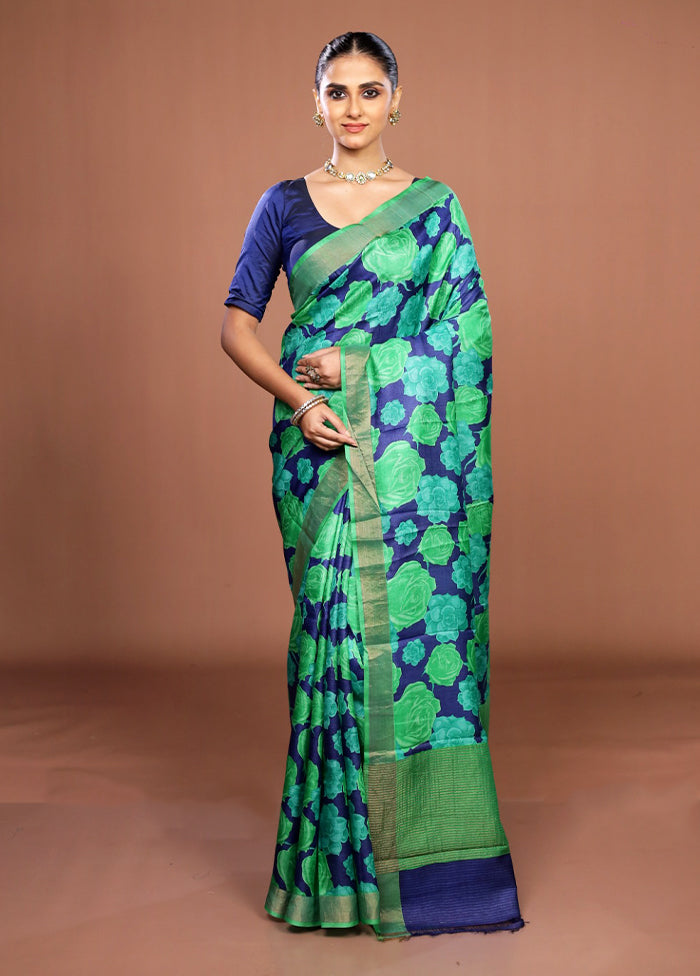 Green Handloom Tussar Pure Silk Saree With Blouse Piece