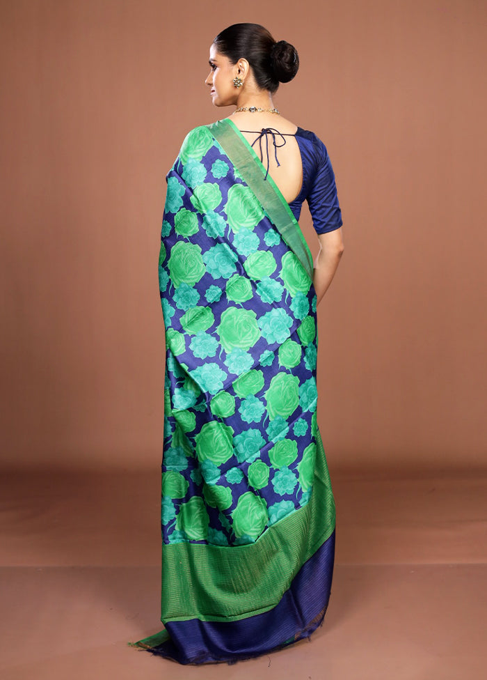 Green Handloom Tussar Pure Silk Saree With Blouse Piece