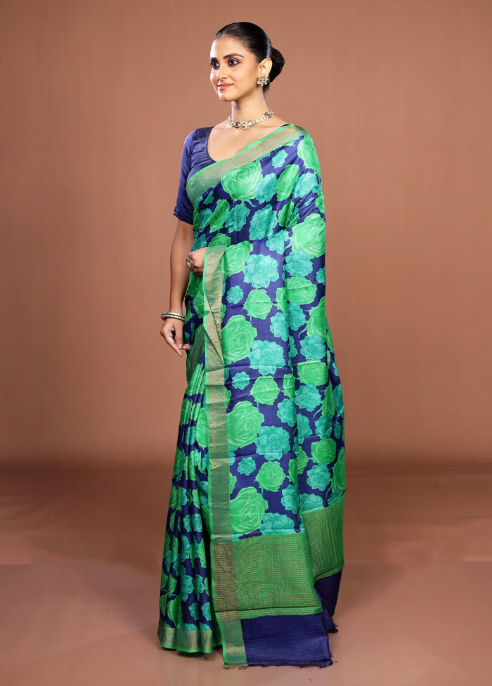 Green Handloom Tussar Pure Silk Saree With Blouse Piece