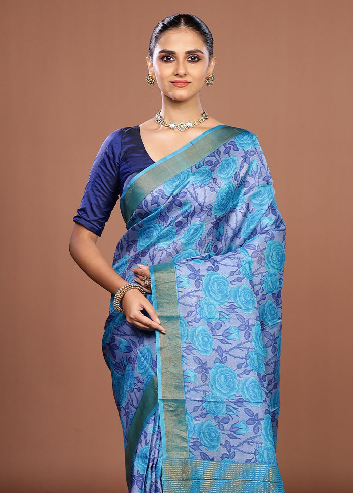 Blue Handloom Tussar Pure Silk Saree With Blouse Piece