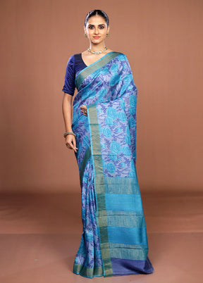 Blue Handloom Tussar Pure Silk Saree With Blouse Piece