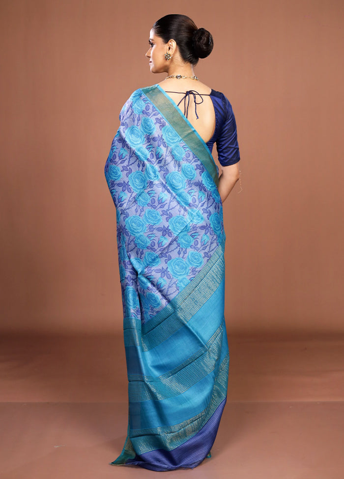 Blue Handloom Tussar Pure Silk Saree With Blouse Piece