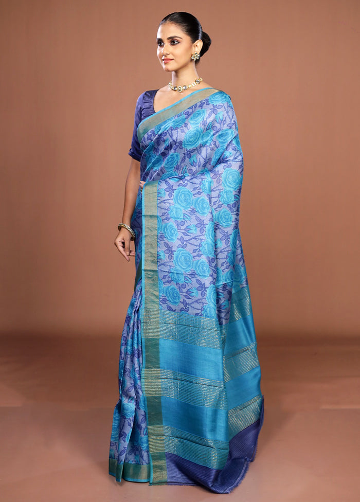 Blue Handloom Tussar Pure Silk Saree With Blouse Piece