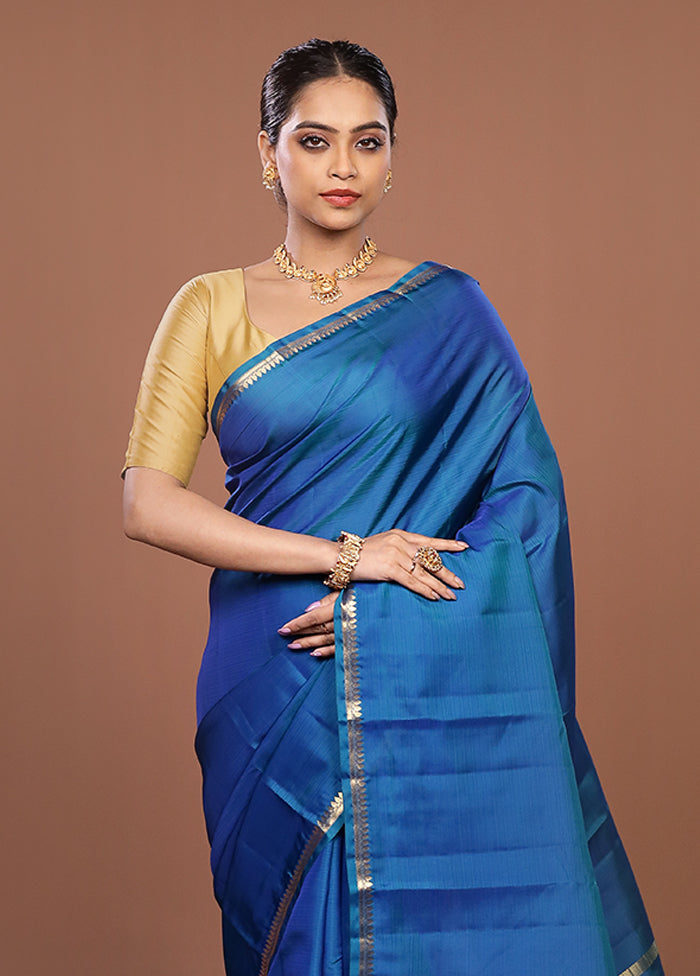 Blue Handloom Kanjivaram Pure Silk Saree With Blouse Piece