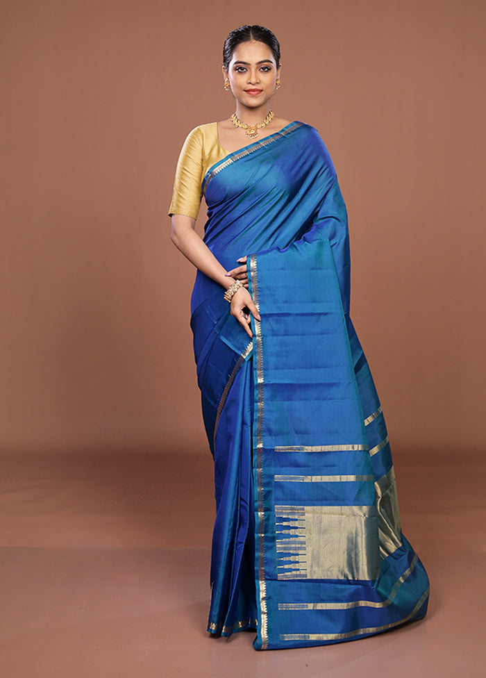 Blue Handloom Kanjivaram Pure Silk Saree With Blouse Piece