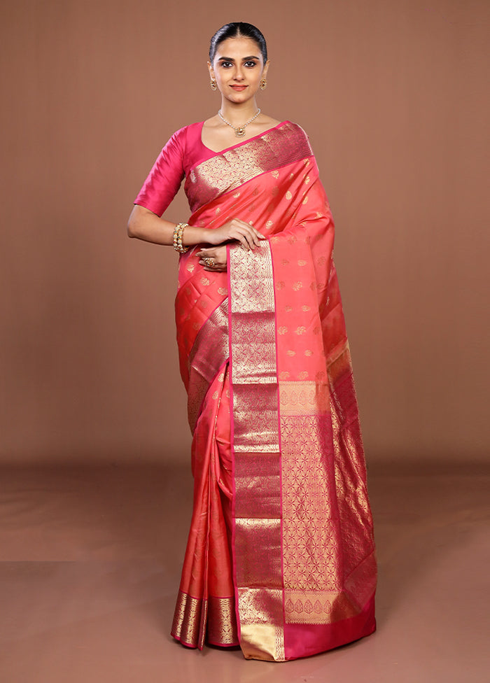 Pink Handloom Kanjivaram Pure Silk Saree With Blouse Piece