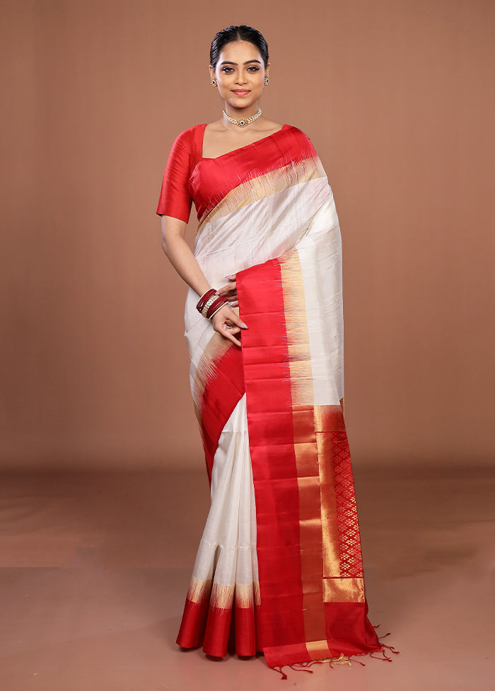 White Handloom Kanjivaram Pure Silk Saree With Blouse Piece