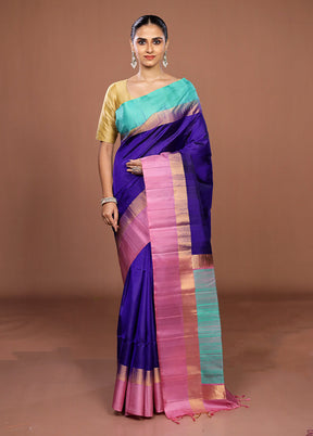 Blue Handloom Kanjivaram Pure Silk Saree With Blouse Piece