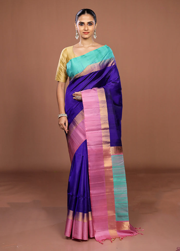 Blue Handloom Kanjivaram Pure Silk Saree With Blouse Piece