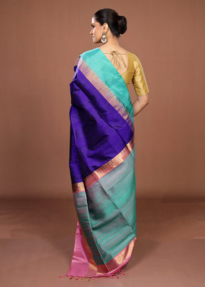 Blue Handloom Kanjivaram Pure Silk Saree With Blouse Piece