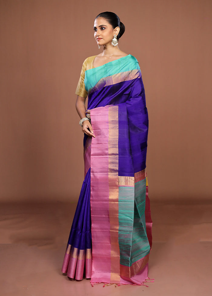 Blue Handloom Kanjivaram Pure Silk Saree With Blouse Piece