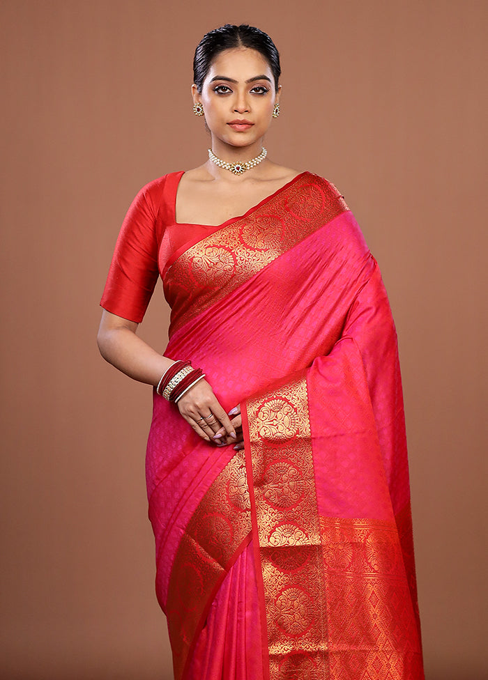 Pink Kanjivaram Silk Saree With Blouse Piece