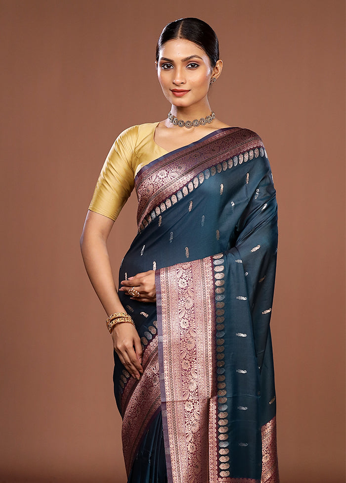 Blue Dupion Silk Saree With Blouse Piece