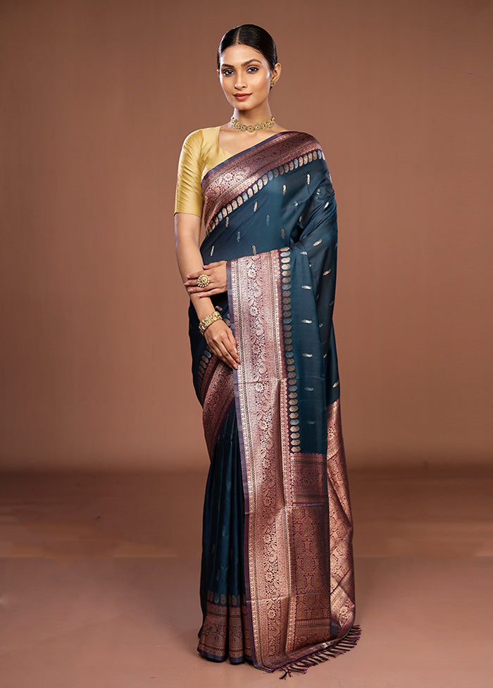 Blue Dupion Silk Saree With Blouse Piece