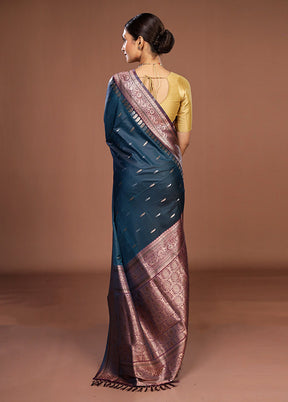 Blue Dupion Silk Saree With Blouse Piece