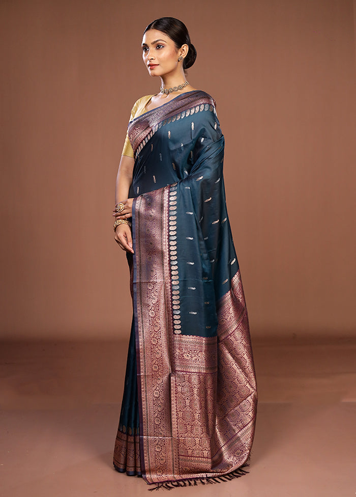 Blue Dupion Silk Saree With Blouse Piece