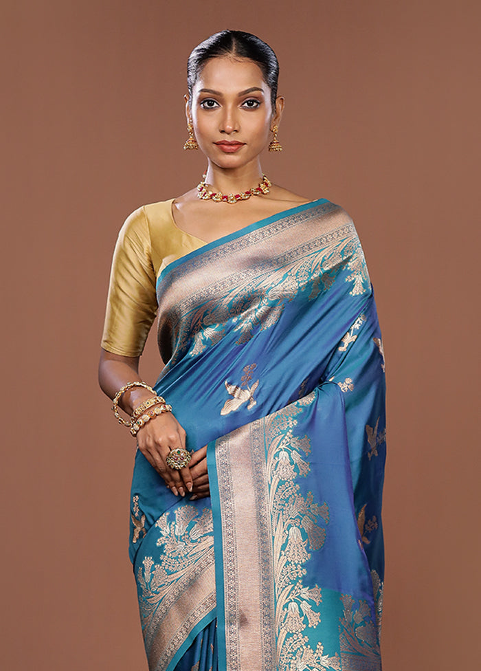 Blue Dupion Silk Saree With Blouse Piece