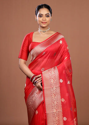 Red Handloom Pure Organza Saree With Blouse Piece
