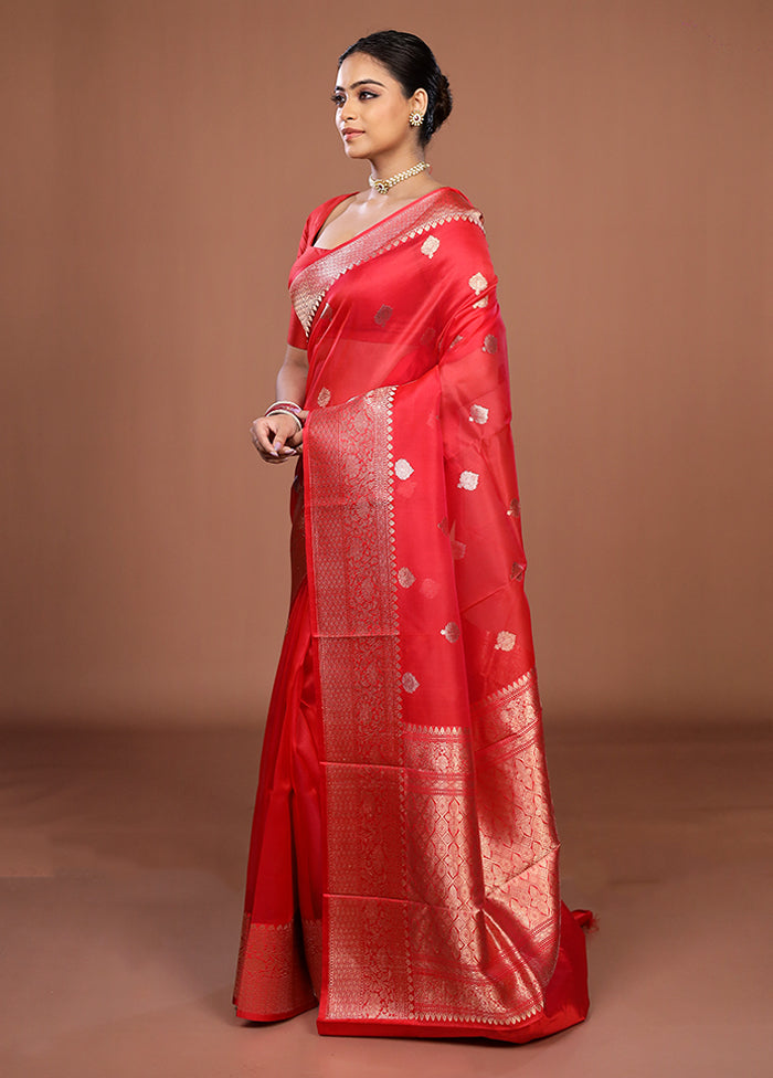 Red Handloom Pure Organza Saree With Blouse Piece